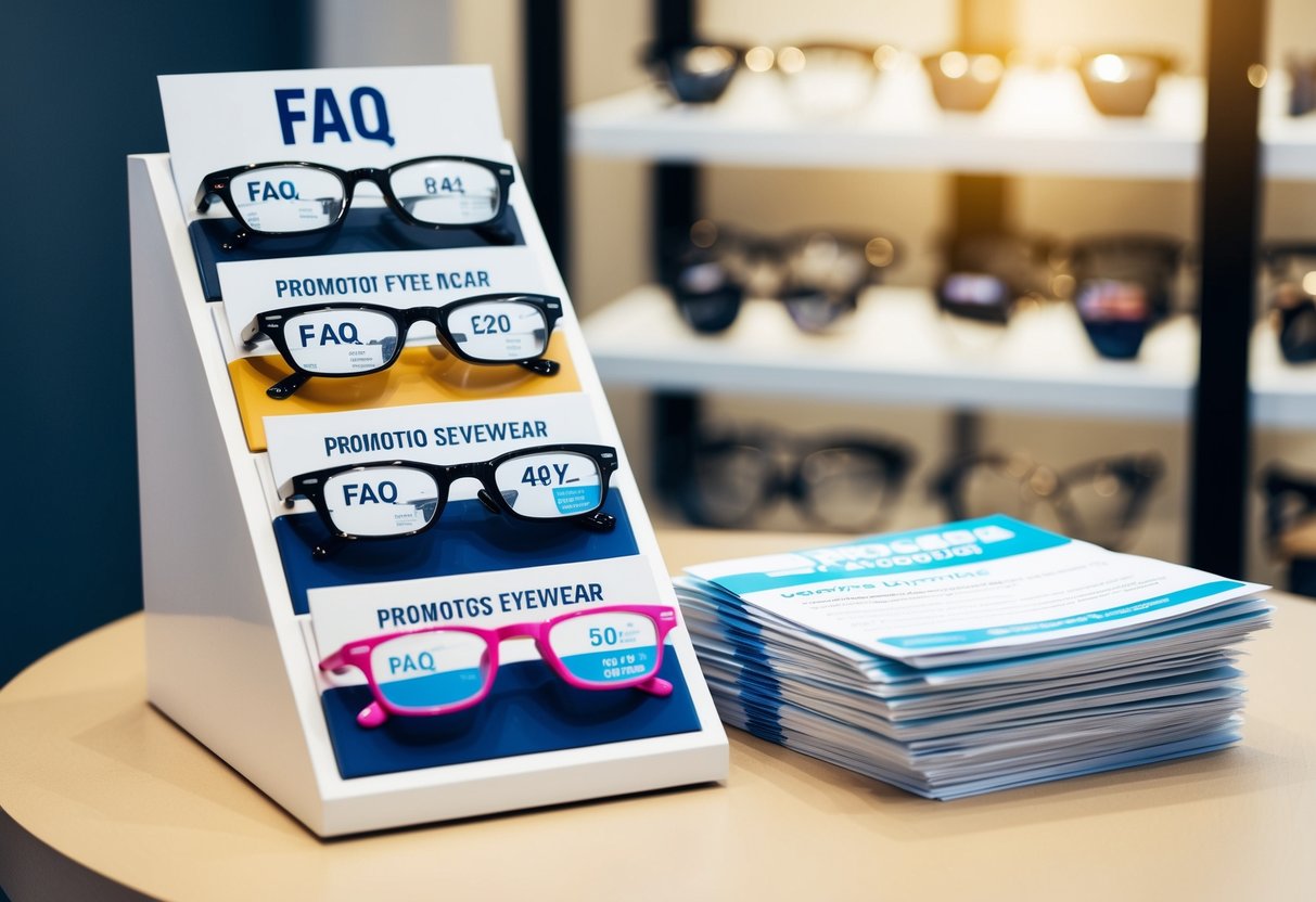 A display of various eyewear promotions with a stack of FAQ pamphlets next to them