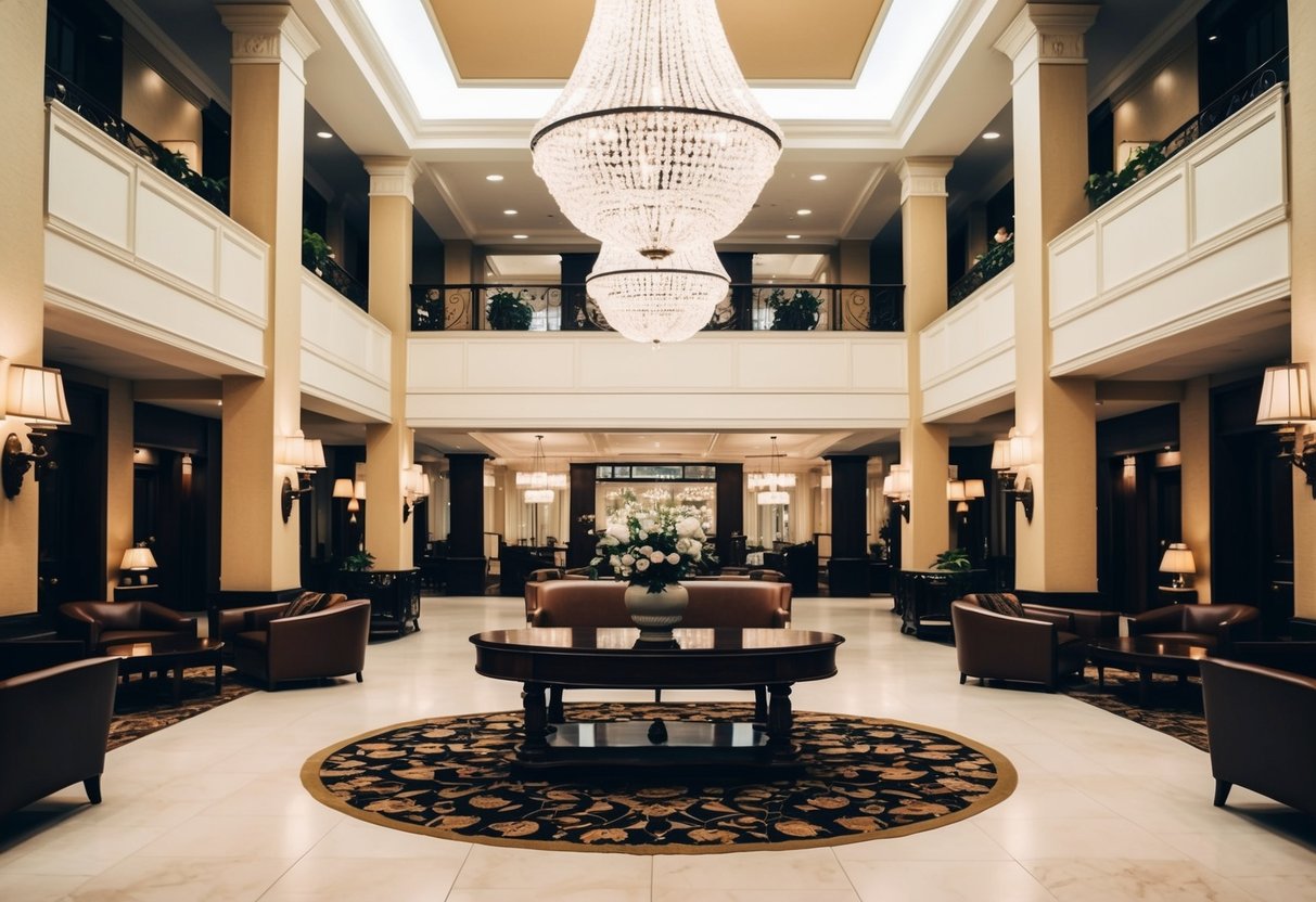 A grand hotel lobby with elegant decor and a welcoming atmosphere