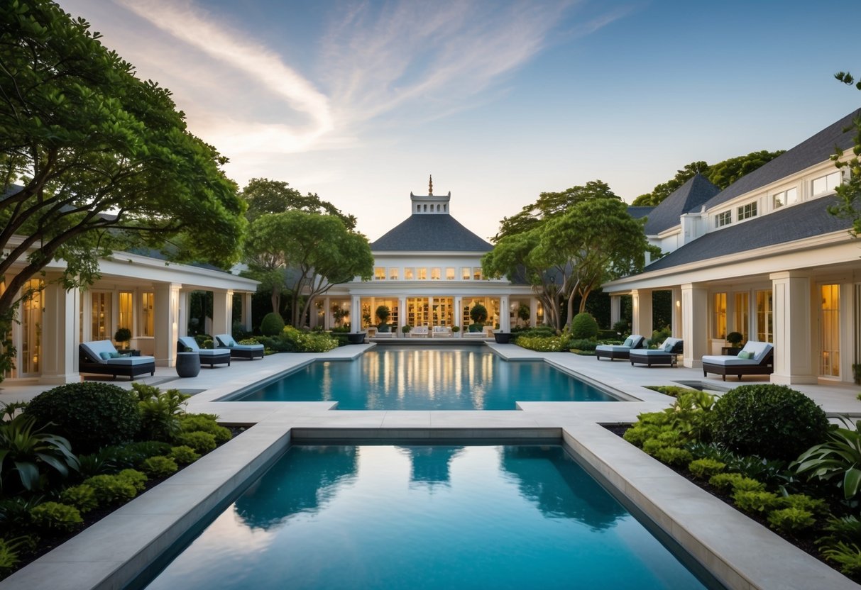 A serene spa oasis with lush greenery, tranquil pools, and elegant architecture, surrounded by the natural beauty of a Fairmont luxury retreat