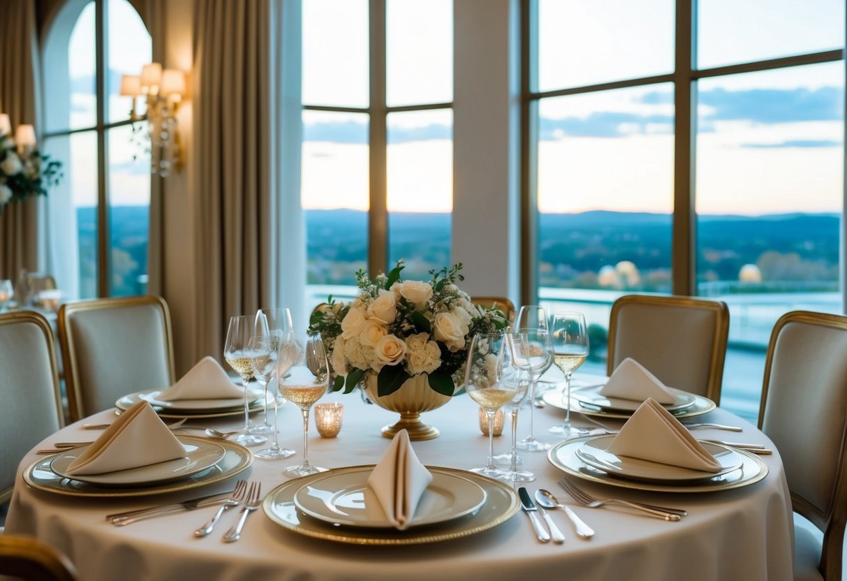 A luxurious table set with fine dining ware, surrounded by elegant decor and soft lighting, with a view of a beautiful landscape through large windows