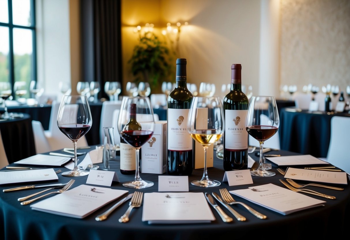 A luxurious setting with elegant wine glasses, bottles, and promotional materials displayed on a table at a private wine tasting event