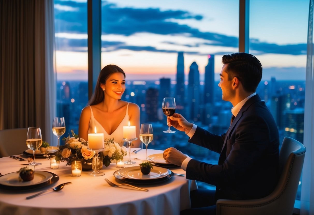 A couple enjoys a candlelit dinner in a luxurious hotel suite with a view of the city skyline