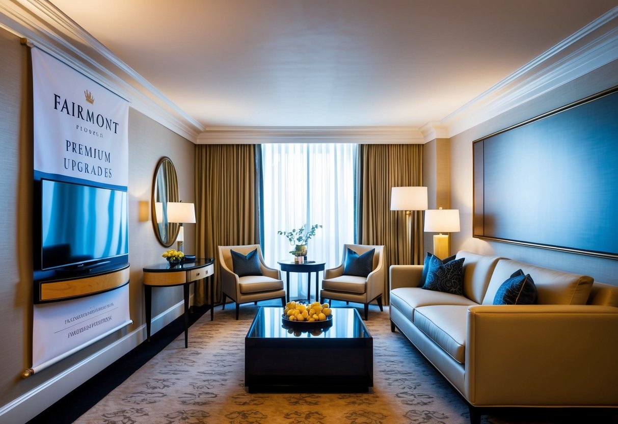 A luxurious suite with elegant furnishings and a promotional banner for Fairmont's premium upgrades