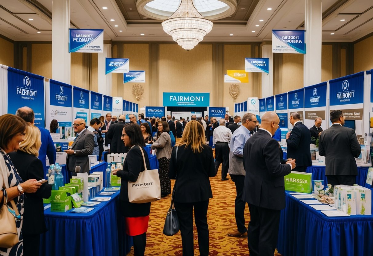 People browsing booths at Fairmont Promotions event. Tables display various products and promotional items. Bright banners and signage decorate the space