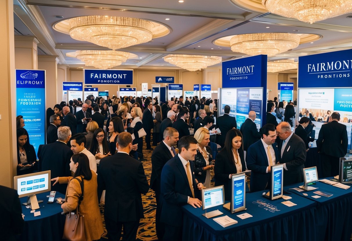 A bustling event with people inquiring about Fairmont promotions at various booths and information kiosks. Bright signage and promotional materials are on display throughout the venue