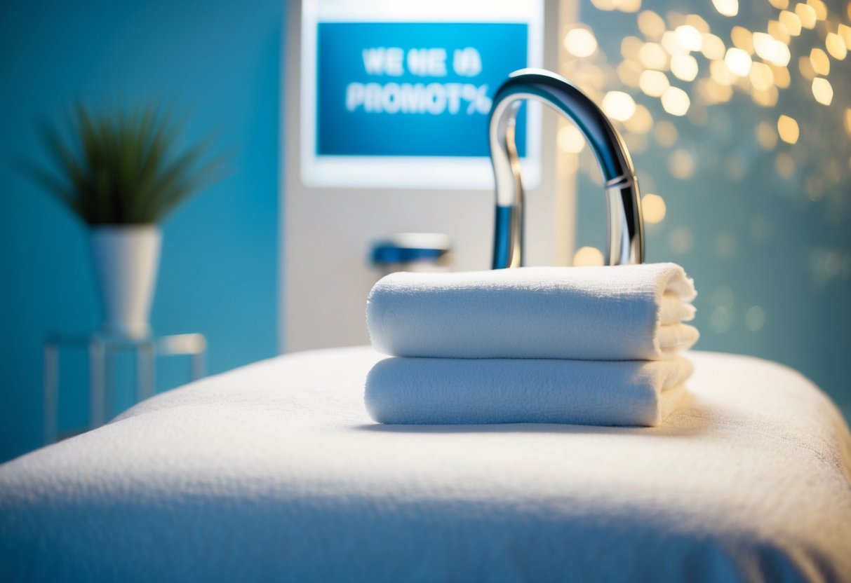 A serene spa setting with a sleek machine and a cool, soothing atmosphere, with a promotion sign visible