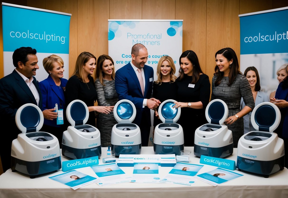 A group of people gather around a display of CoolSculpting machines, with promotional banners and flyers spread out on a table