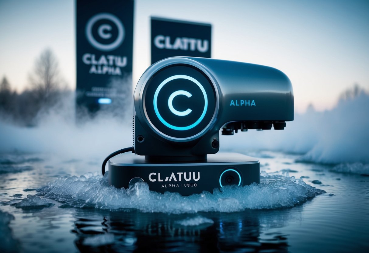 A sleek machine surrounded by icy mist, with the Clatuu Alpha logo prominently displayed, and a promotional banner nearby