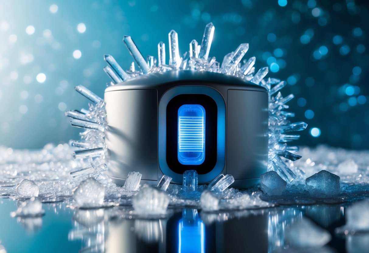 A sleek, modern machine surrounded by ice crystals, with a cool blue light emanating from within