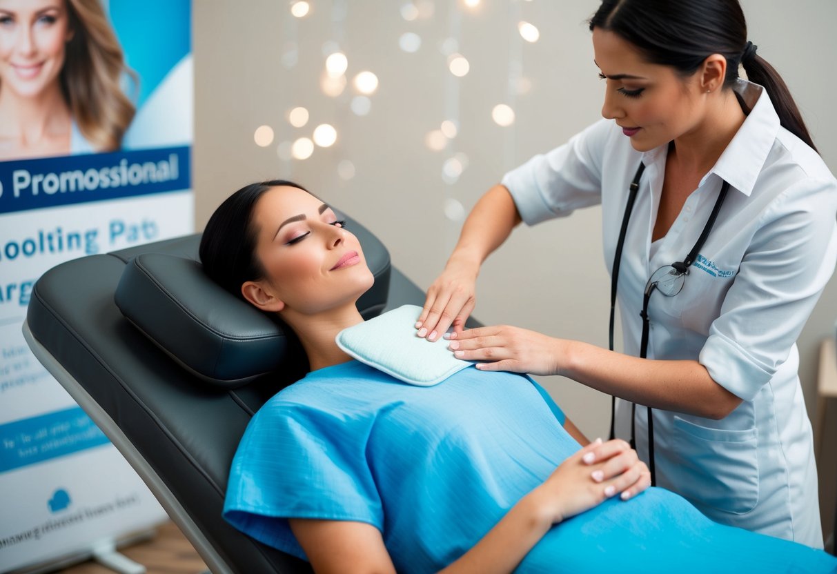 A woman reclines in a comfortable chair as a technician applies a cooling pad to her targeted area. A promotional banner hangs in the background