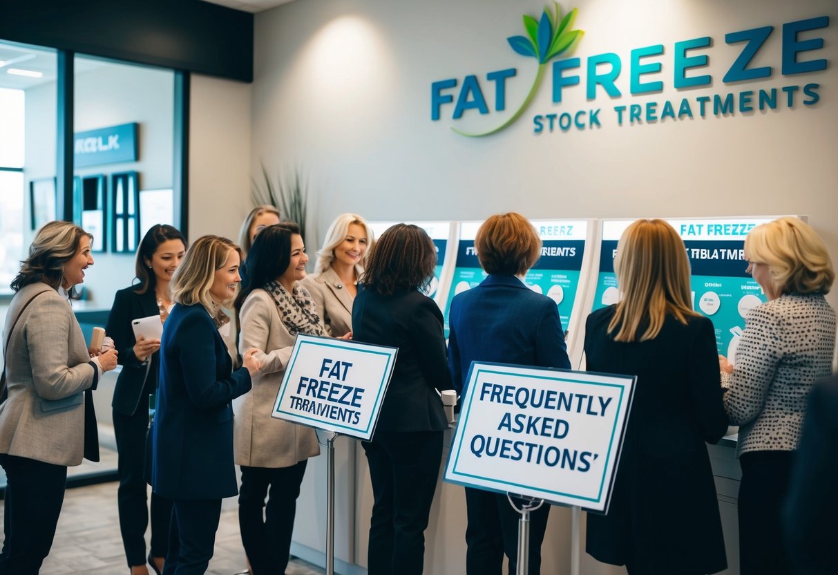 A group of people browsing through a promotional display for fat freeze treatments, with a sign indicating "Frequently Asked Questions" prominently displayed