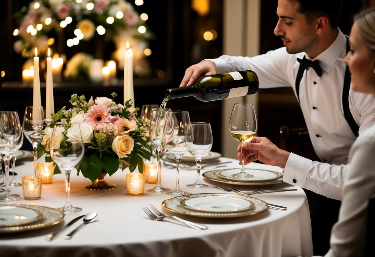 An elegant table set with fine china, sparkling glassware, and a centerpiece of fresh flowers. A waiter pours wine for a couple enjoying a candlelit dinner