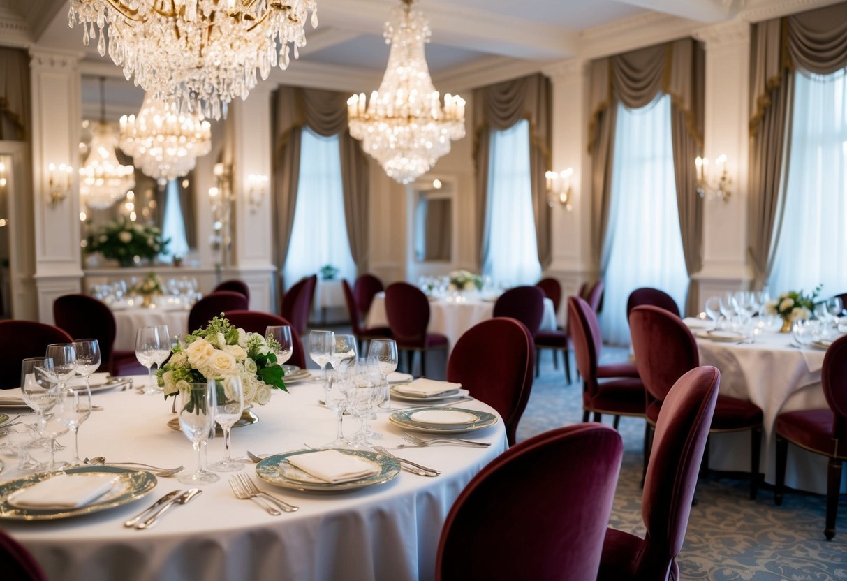 The elegant dining room at The Ritz, adorned with sparkling chandeliers and plush velvet chairs, with tables set with fine china and crystal glassware