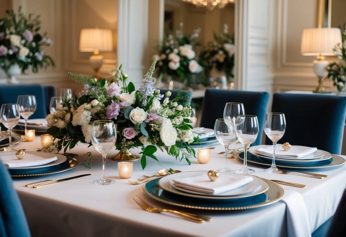 A beautifully set table with elegant tableware, fine linens, and exquisite floral arrangements, surrounded by a sophisticated and luxurious dining room ambiance