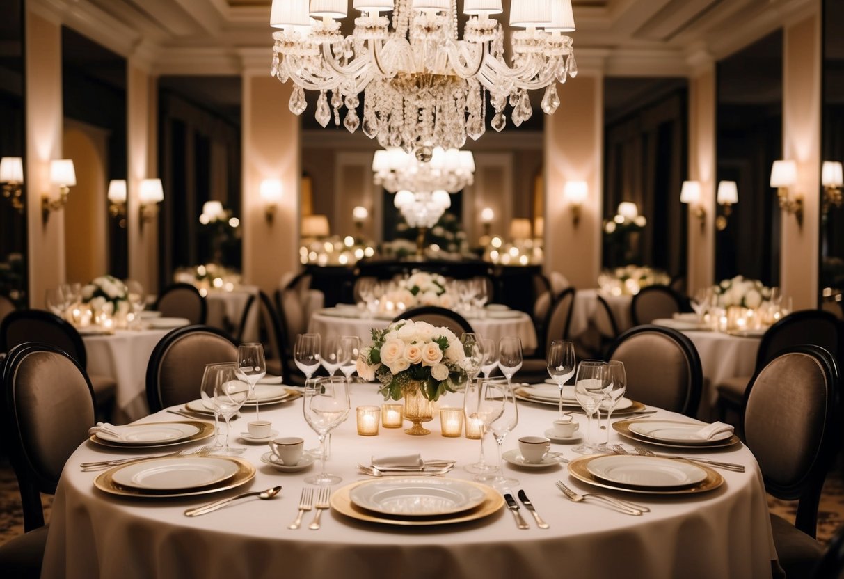A grand dining table set with elegant tableware and a sparkling chandelier above, surrounded by luxurious décor and a warm, inviting ambiance