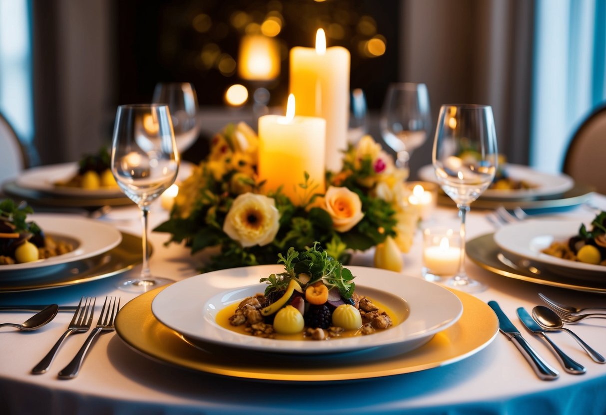 A lavish table setting with elegant dinnerware, a flickering candle centerpiece, and a delectable gourmet meal