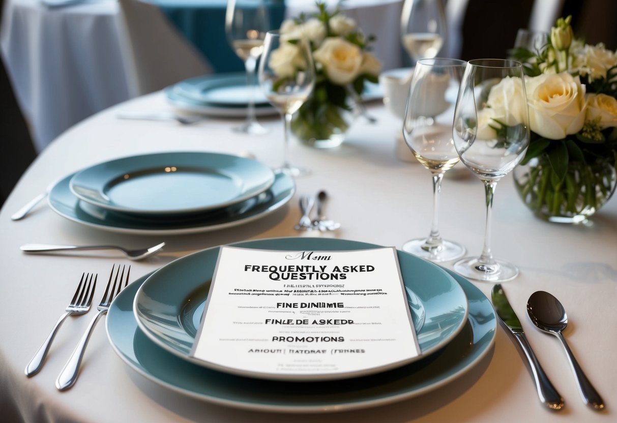 A table set with elegant dinnerware and a menu featuring "Frequently Asked Questions" about fine dining promotions
