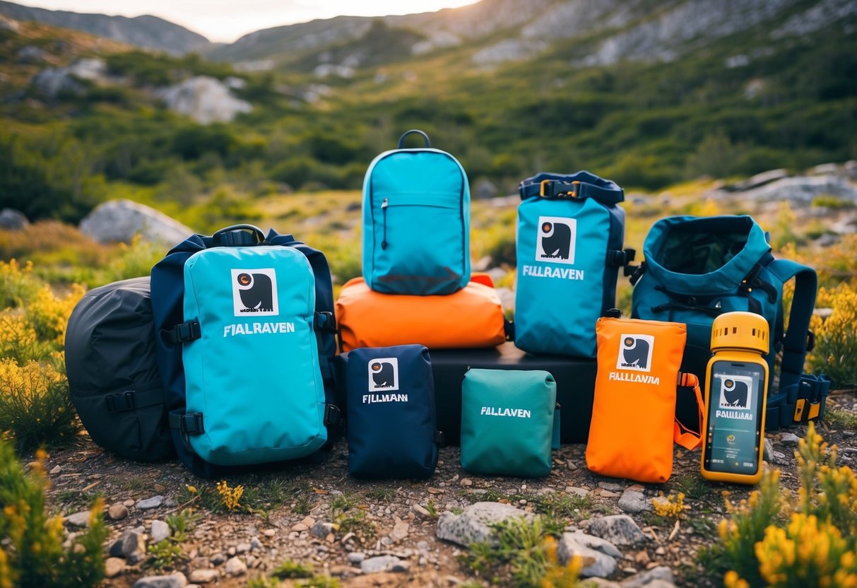 A colorful outdoor landscape with a prominent display of Fjallraven products, surrounded by nature and adventure gear