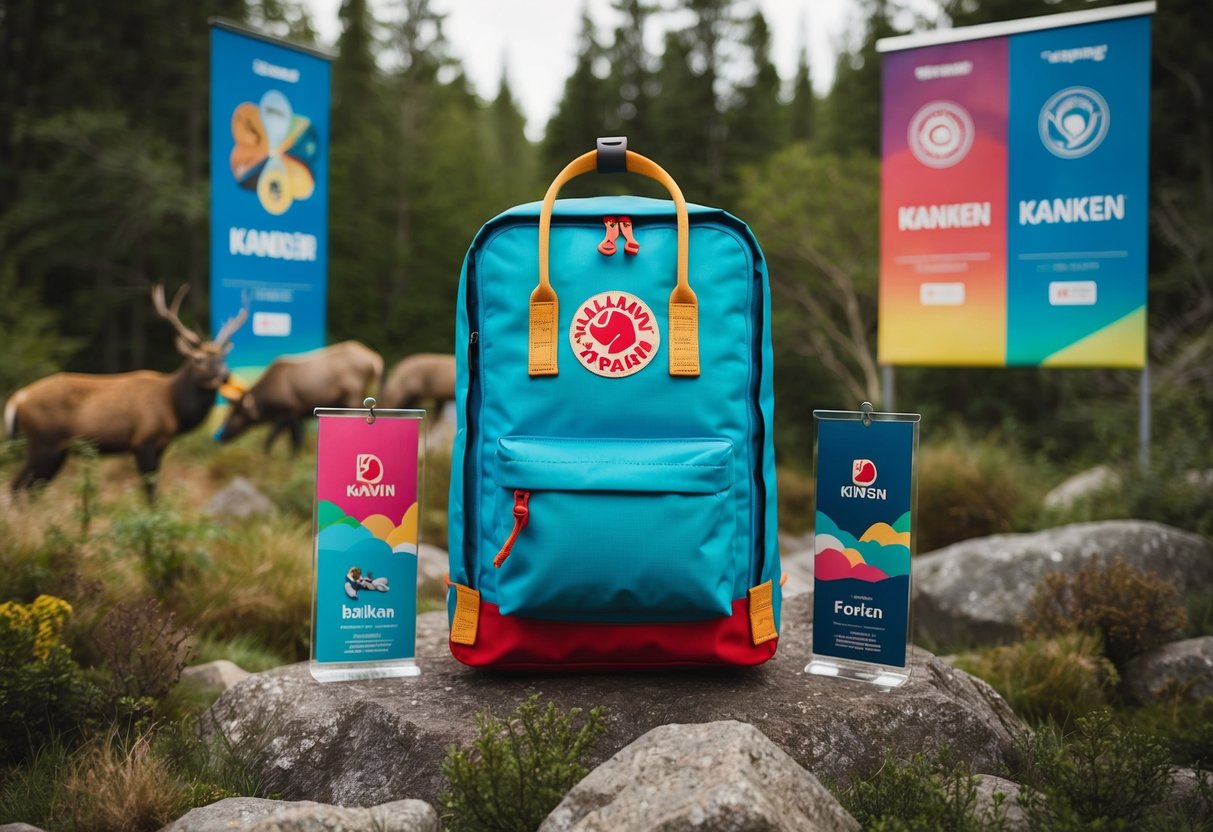 A colorful Fjallraven Kanken Art backpack surrounded by nature and wildlife, with promotional banners and logos displayed nearby