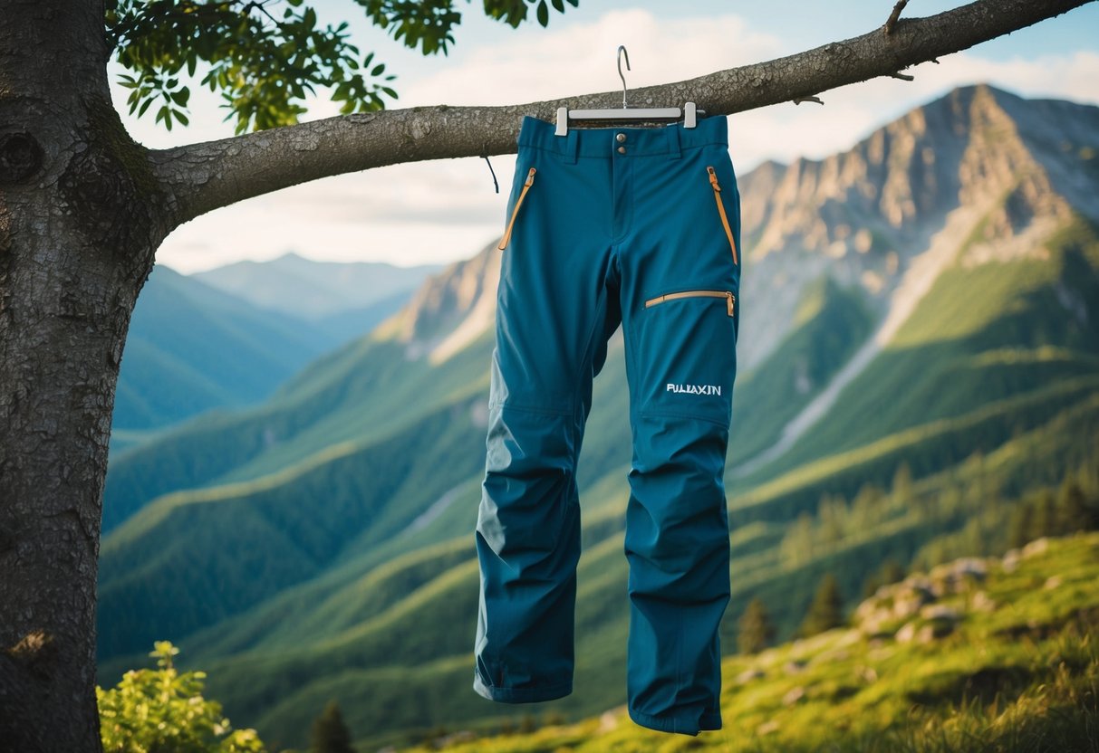 A pair of Fjallraven Abisko Lite Trekking Trousers hanging from a tree branch in a lush, mountainous landscape
