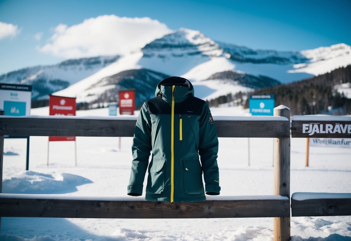 A snowy mountain landscape with a prominent Fjallraven Greenland Jacket on a wooden fence, surrounded by promotional signs and banners