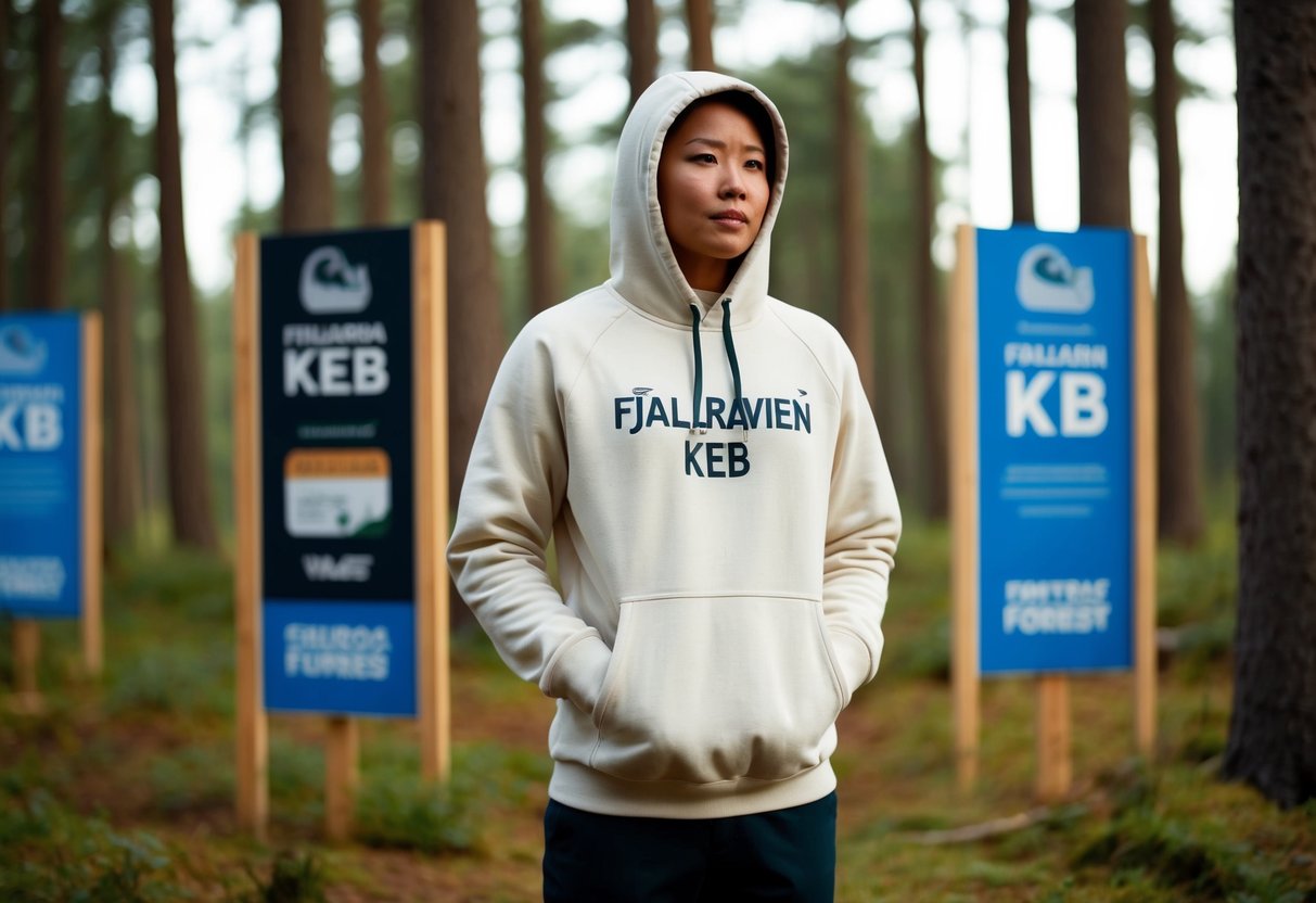 A person wearing a Fjallraven Keb Hoodie standing in a forest with promotional signs nearby