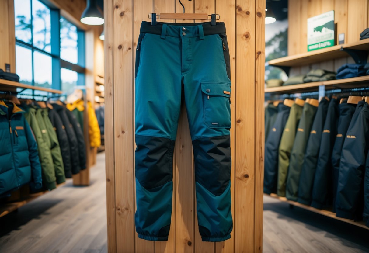 A rugged pair of Fjallraven Vidda Pro Trousers hanging from a wooden display rack in a wilderness-themed outdoor store