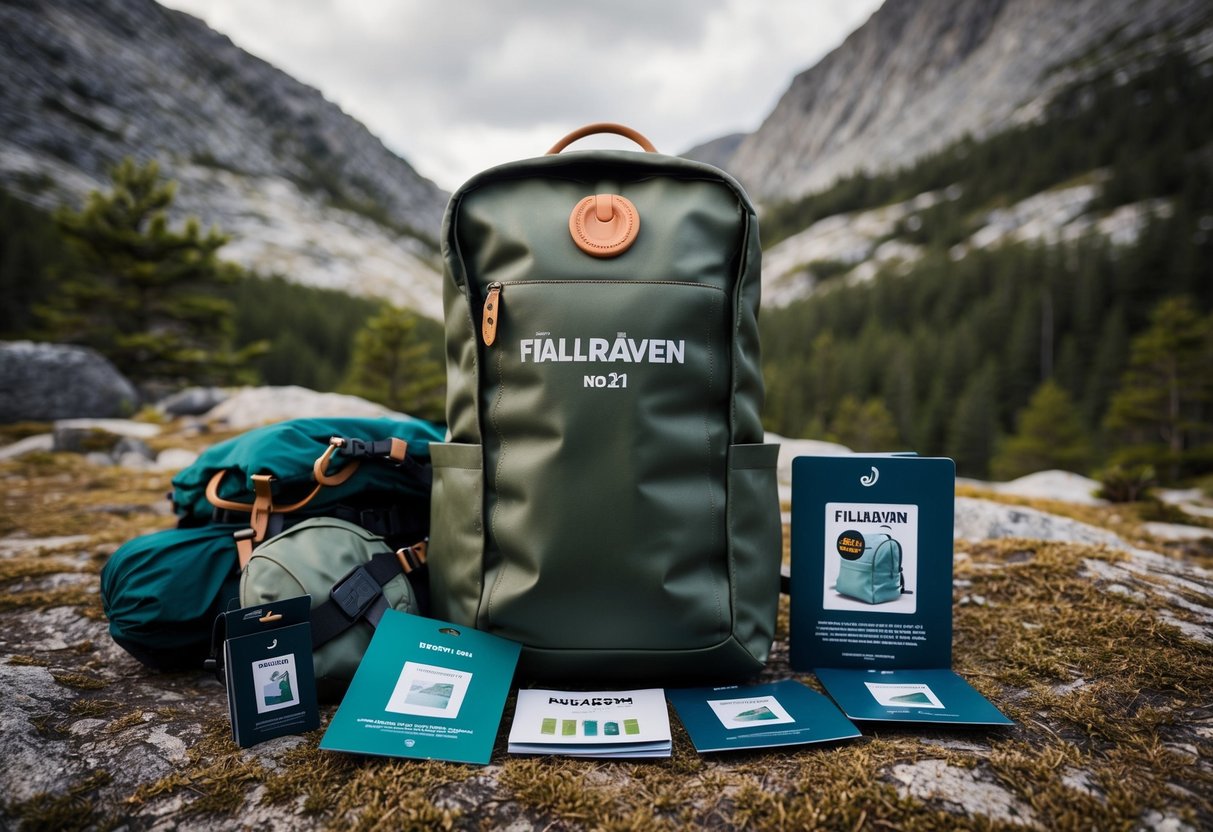 A rugged, forested landscape with a Fjallraven Rucksack No.21 placed prominently in the foreground, surrounded by outdoor gear and promotional materials