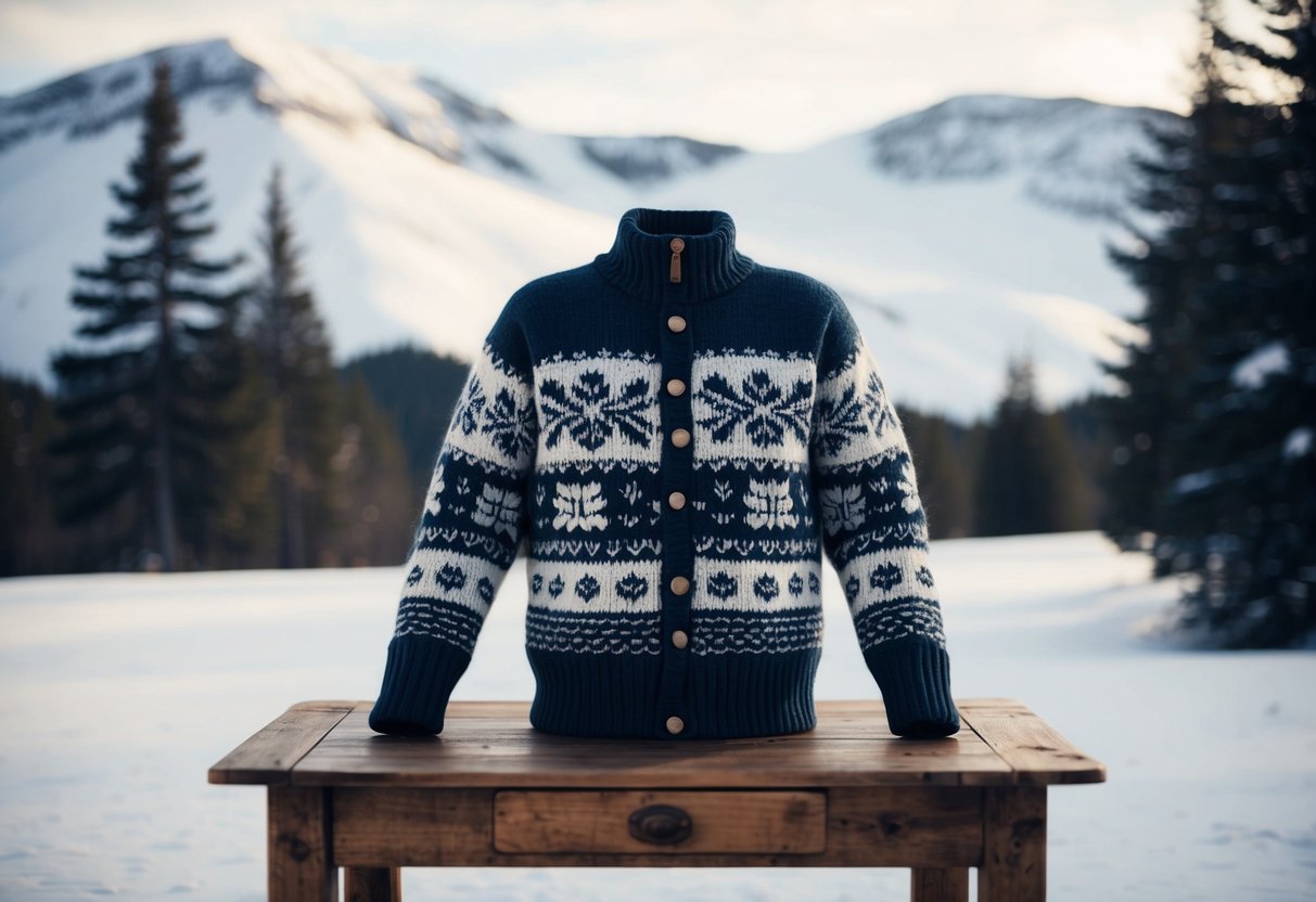 A cozy Fjallraven Ovik Knit Sweater displayed on a rustic wooden table with a backdrop of snowy mountains and pine trees