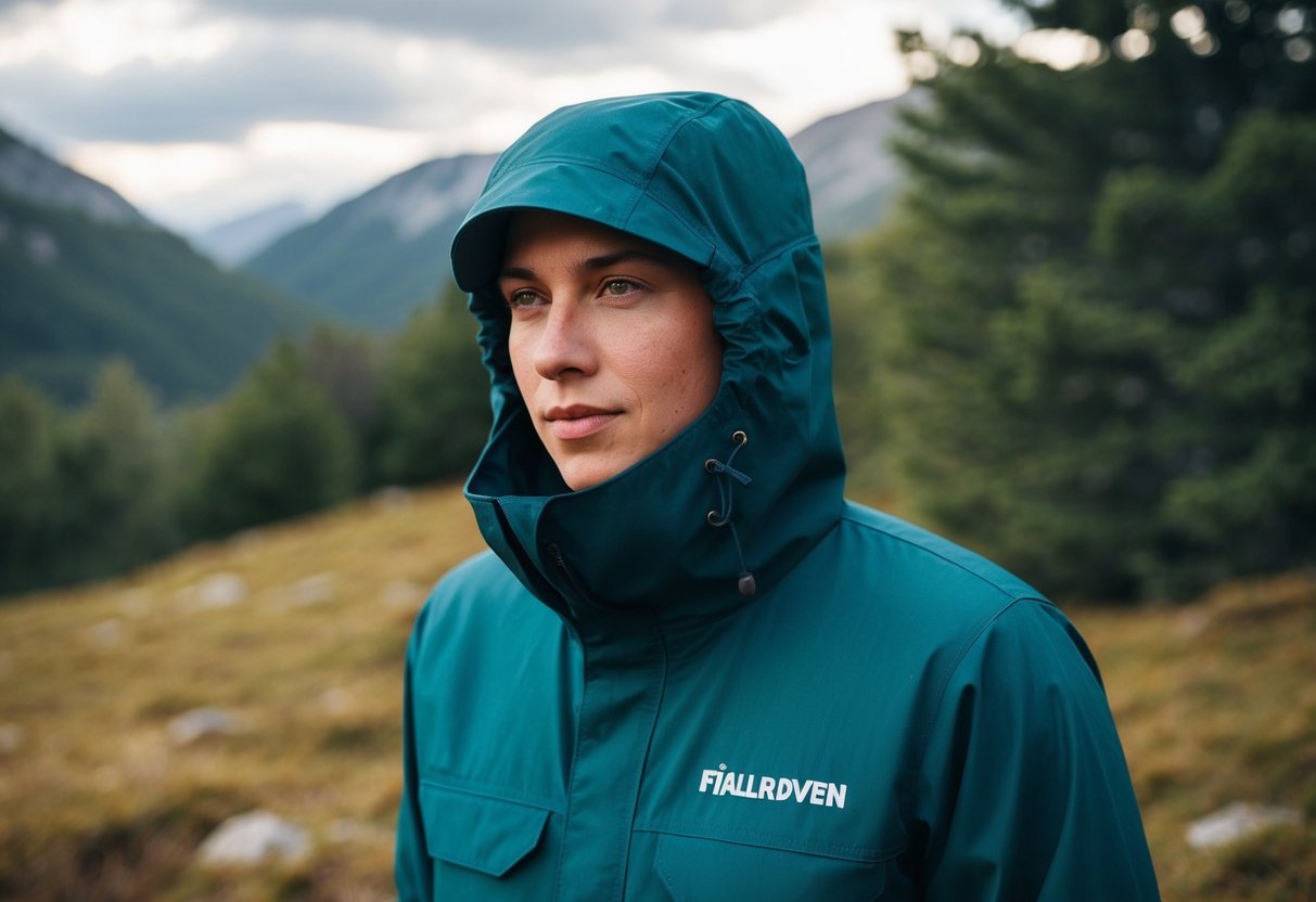 A person wearing a Fjallraven Vardag Anorak in a nature setting with trees and mountains in the background