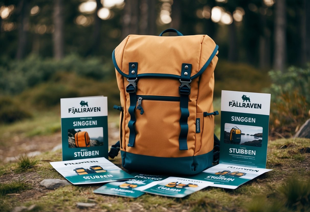 A rugged Fjallraven Singi Stubben backpack sits in a natural outdoor setting, surrounded by promotional materials