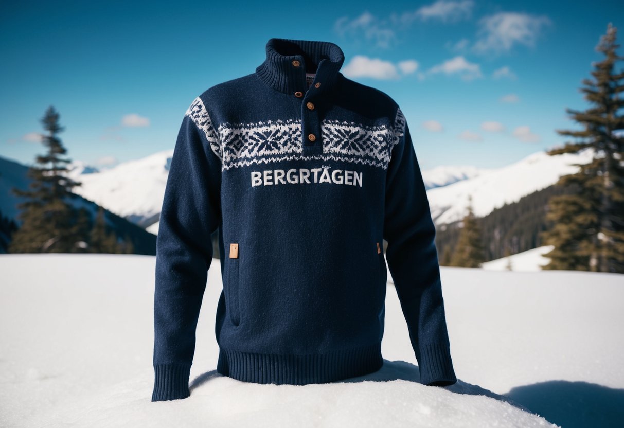 A cozy Fjallraven Bergtagen Thinwool Sweater displayed in a snowy mountain setting with pine trees and a clear blue sky