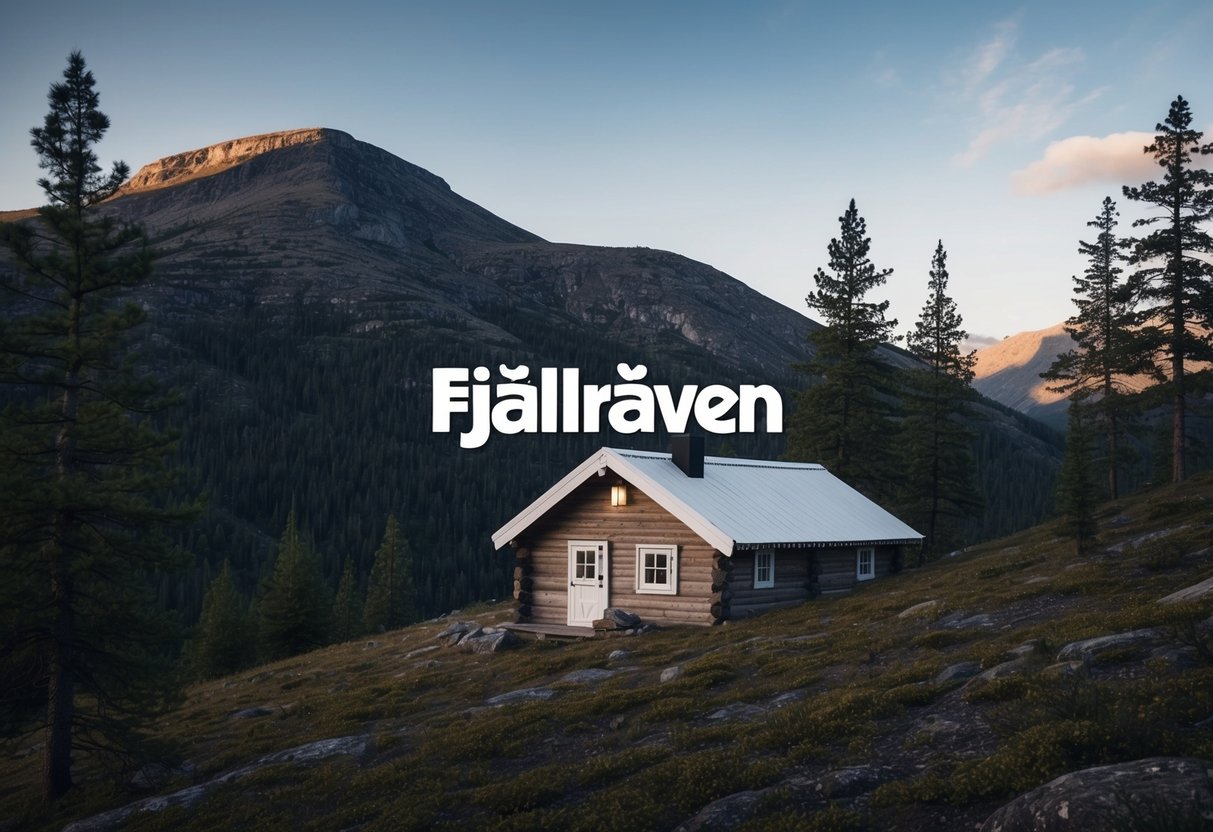A rugged mountain landscape with a traditional Swedish cabin nestled among tall pine trees, with the Fjällräven logo subtly incorporated into the natural scenery