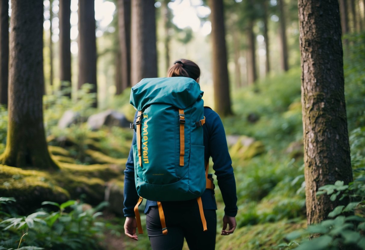A person hiking in a lush forest with a Fjällräven backpack, surrounded by nature and wildlife