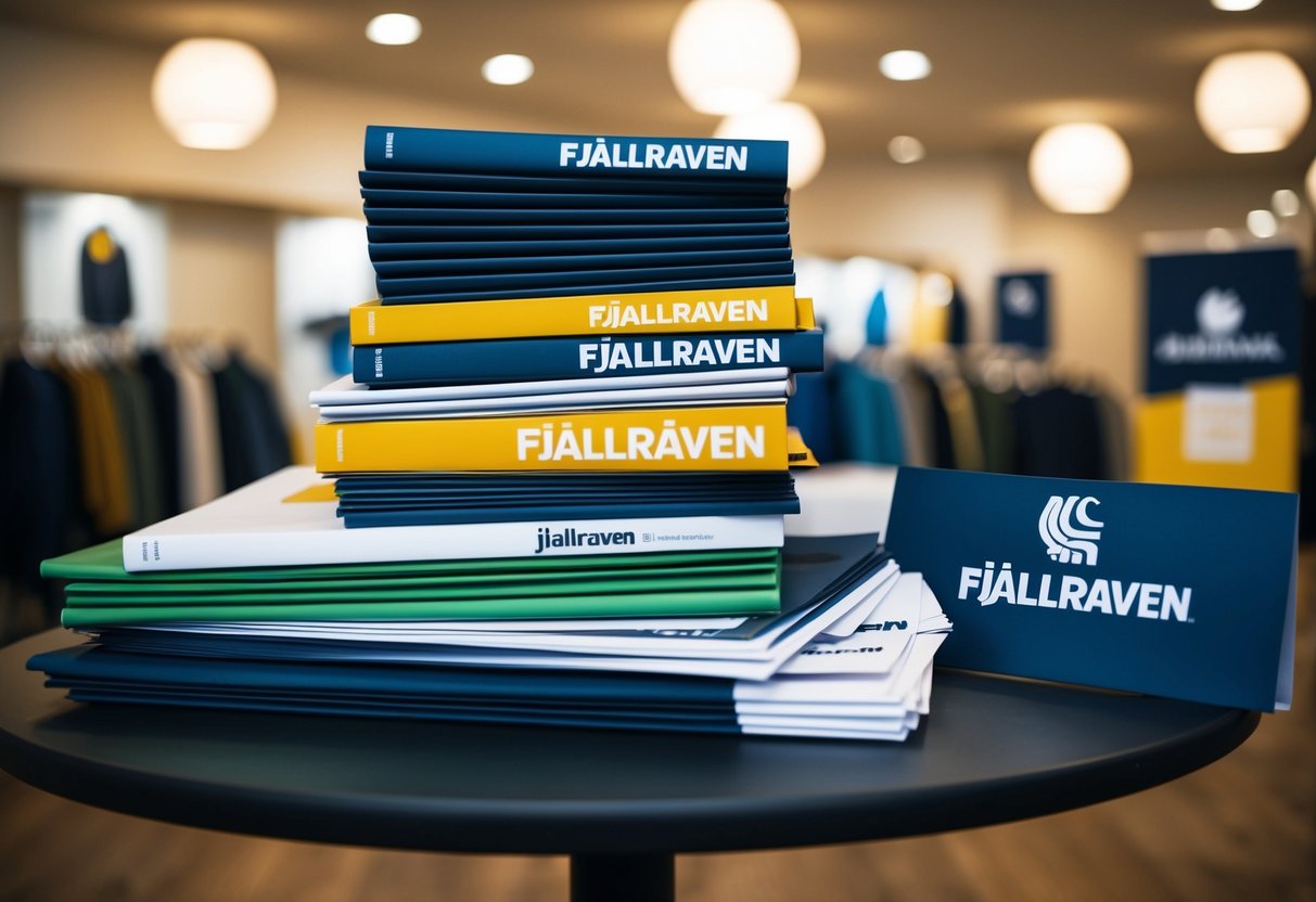 A stack of promotional materials for Fjallraven, including brochures, flyers, and banners, neatly arranged on a table with the company logo prominently displayed