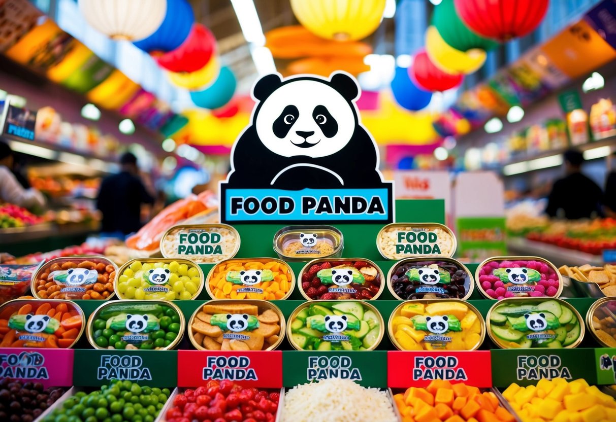 A colorful array of food items with "Food Panda" branding and promotional signs displayed in a vibrant marketplace setting