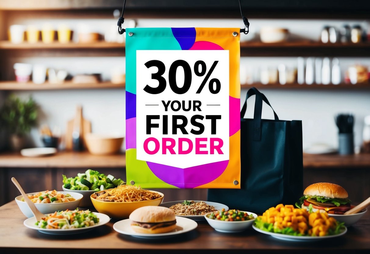 A colorful banner with "30% off your first order" displayed prominently, surrounded by various food items and a delivery bag