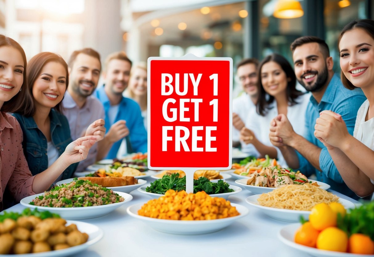 A table with various food items, with a prominent "Buy 1 Get 1 Free" sign displayed, surrounded by happy customers