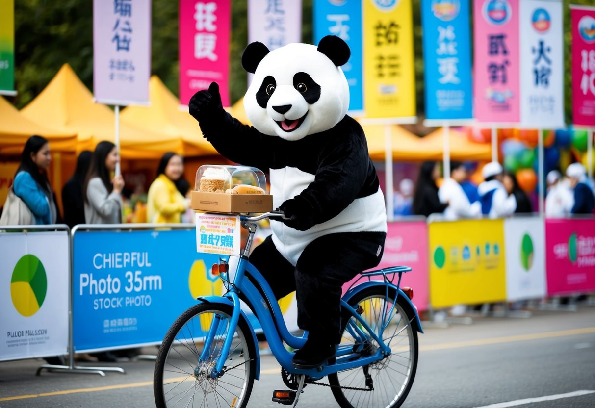 A cheerful panda mascot delivering food on a bicycle, surrounded by colorful promotional banners