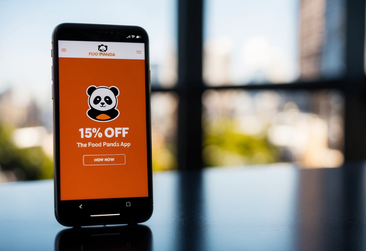A smartphone displaying a 15% off promotion on the Food Panda app