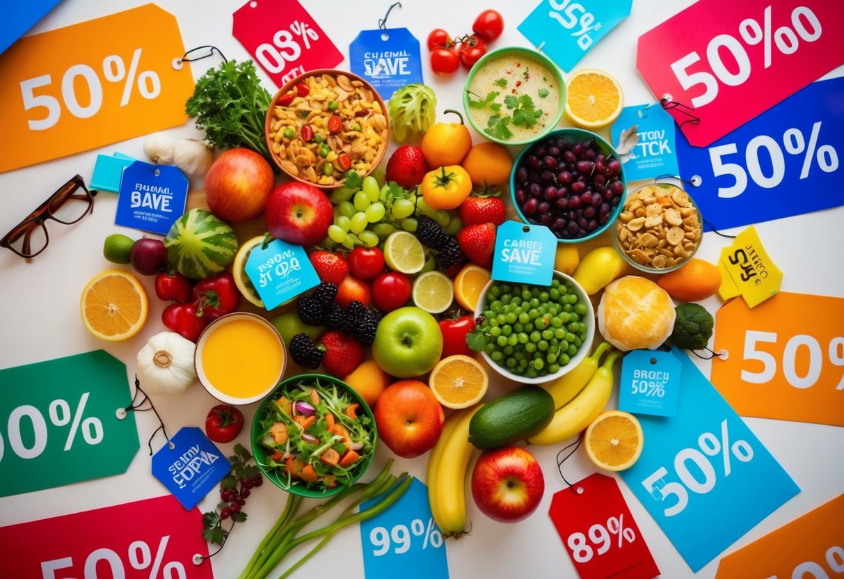 A colorful collage of food items surrounded by promotional banners and discount tags