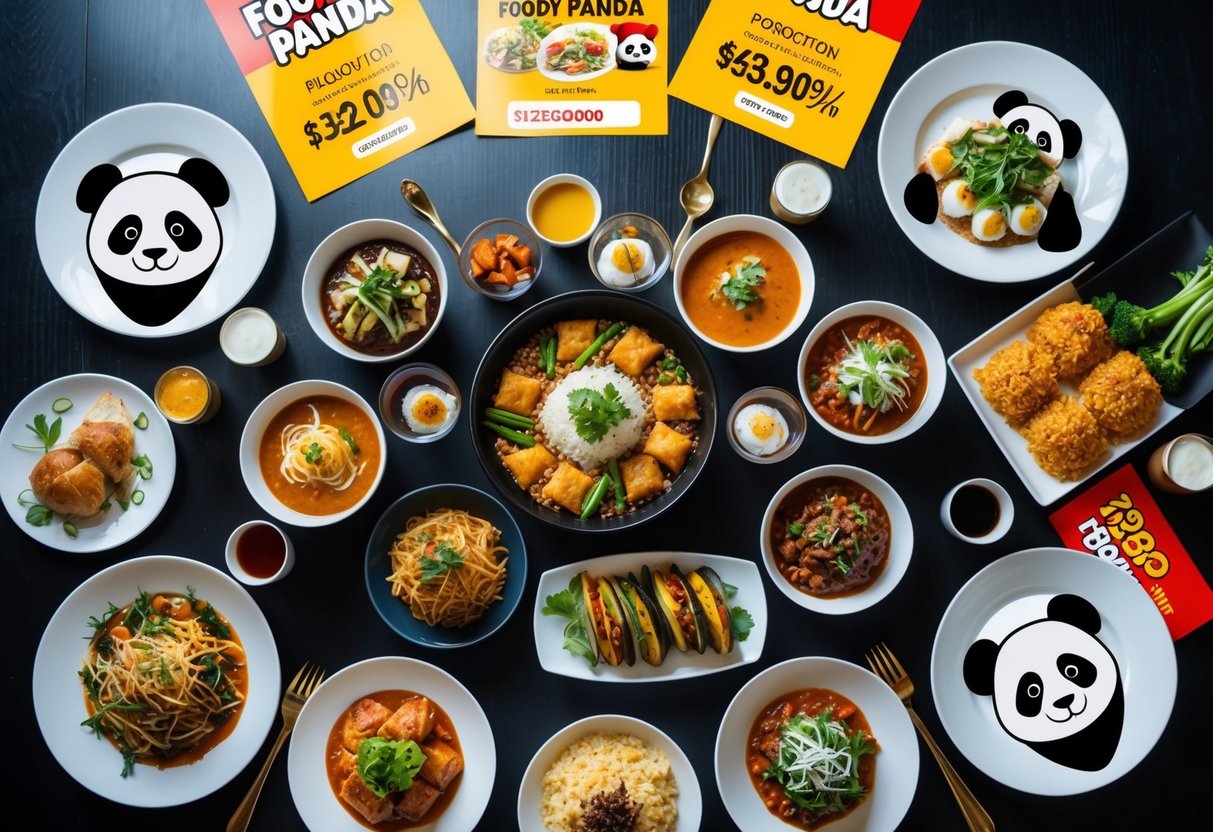A table filled with various delicious dishes surrounded by Food Panda promotion banners and discount coupons