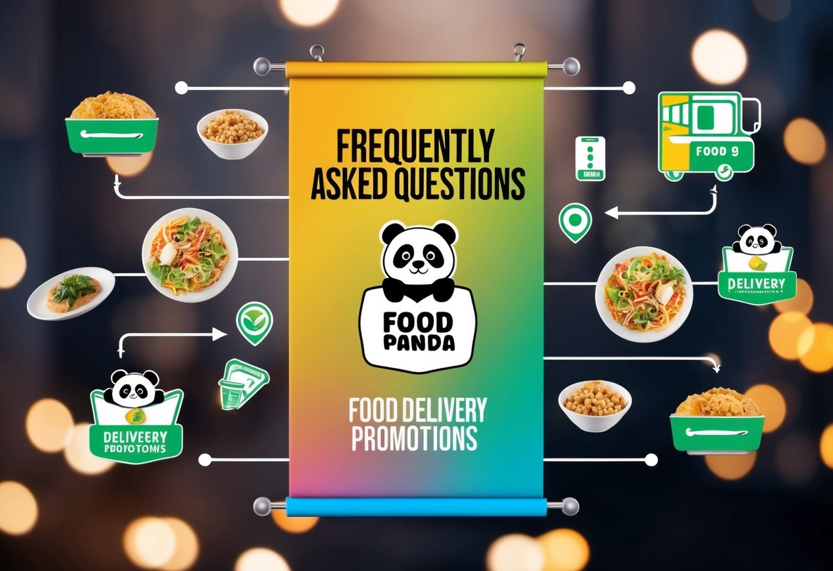 A colorful banner with "Frequently Asked Questions" and "food panda promotions" surrounded by food and delivery icons