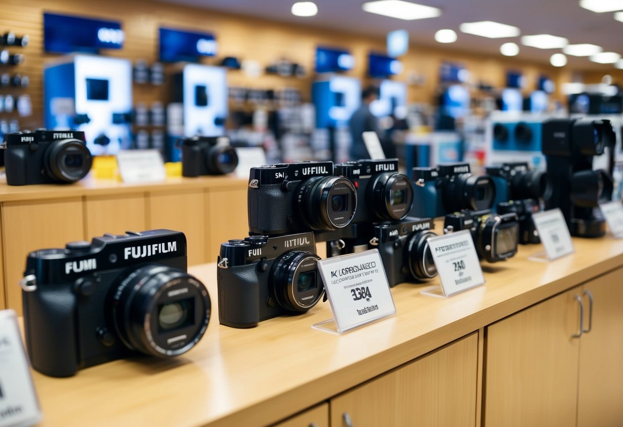 A display of Fujifilm cameras and accessories at a busy electronics store