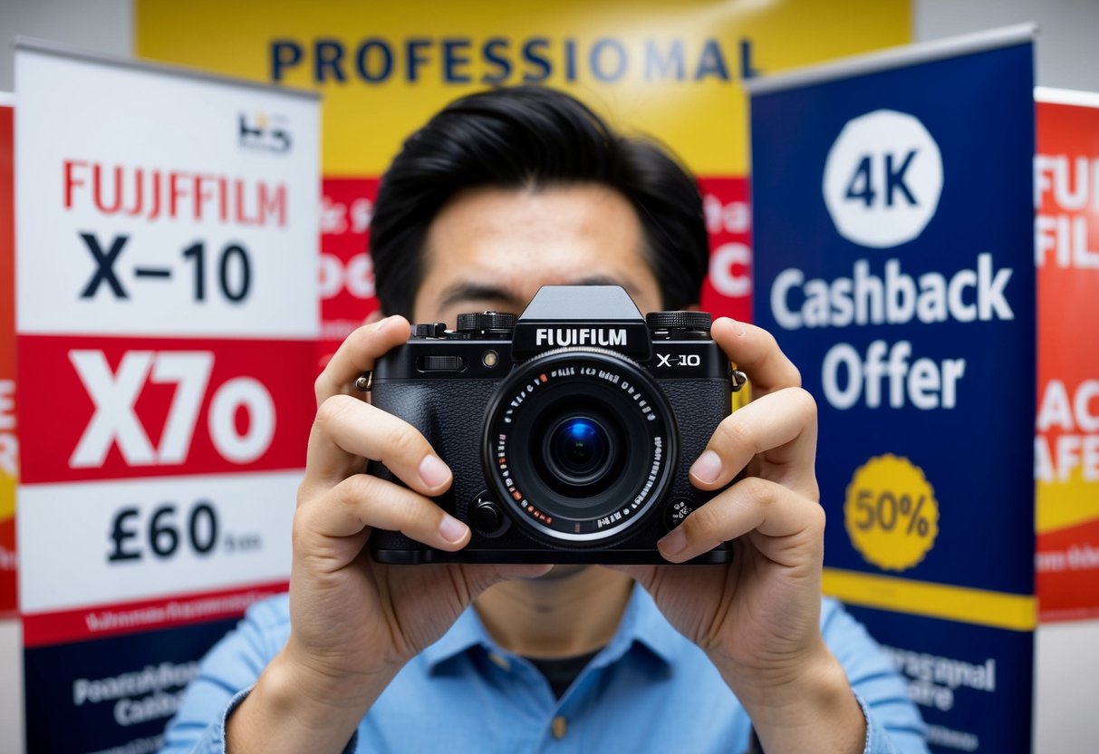 A person holding a Fujifilm X-S10 camera, surrounded by promotional banners and cashback offer signs