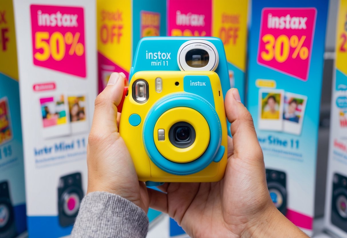 A hand holding a colorful Instax Mini 11 camera with promotional banners and discount tags in the background