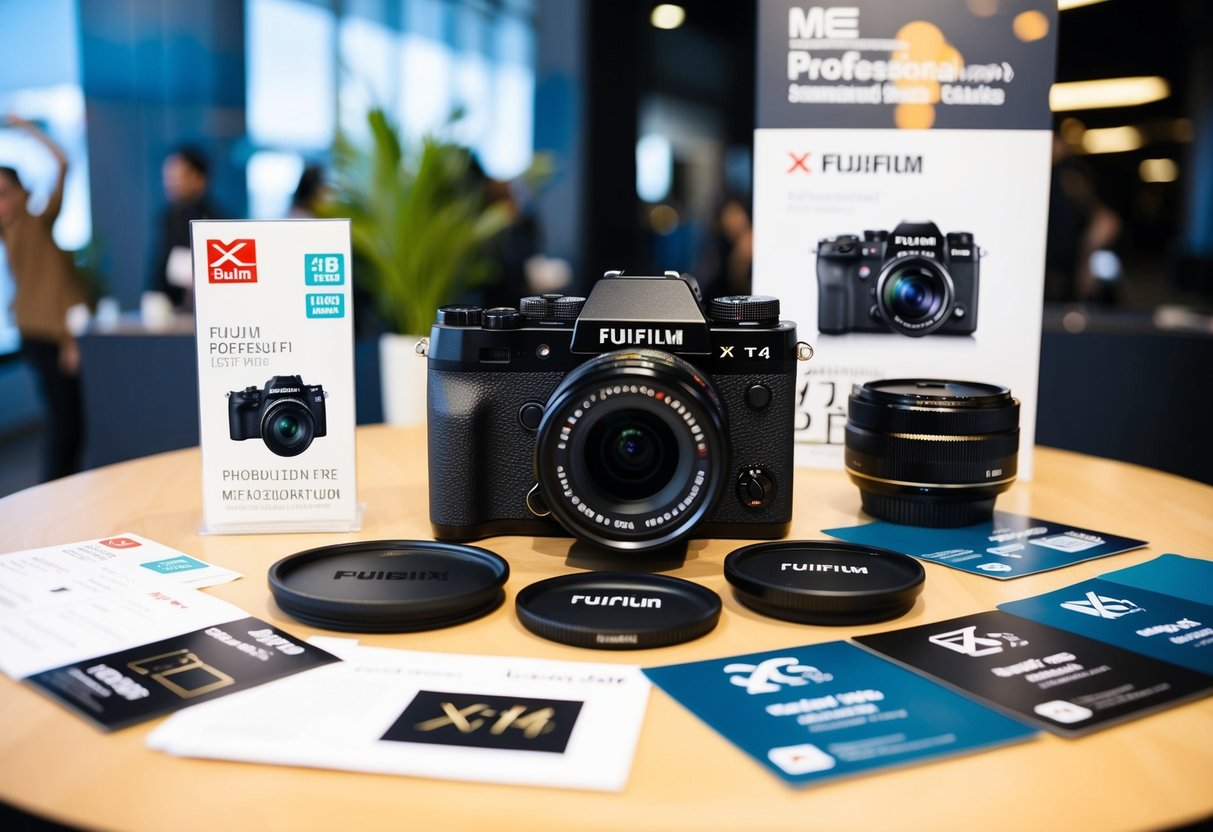A table with a Fujifilm X-T4 camera and lens bundle, surrounded by promotional materials and signs