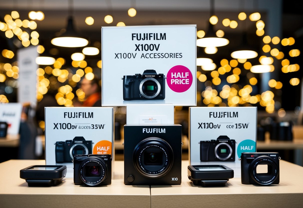 A table displaying half-price Fujifilm X100V accessories with promotional signs