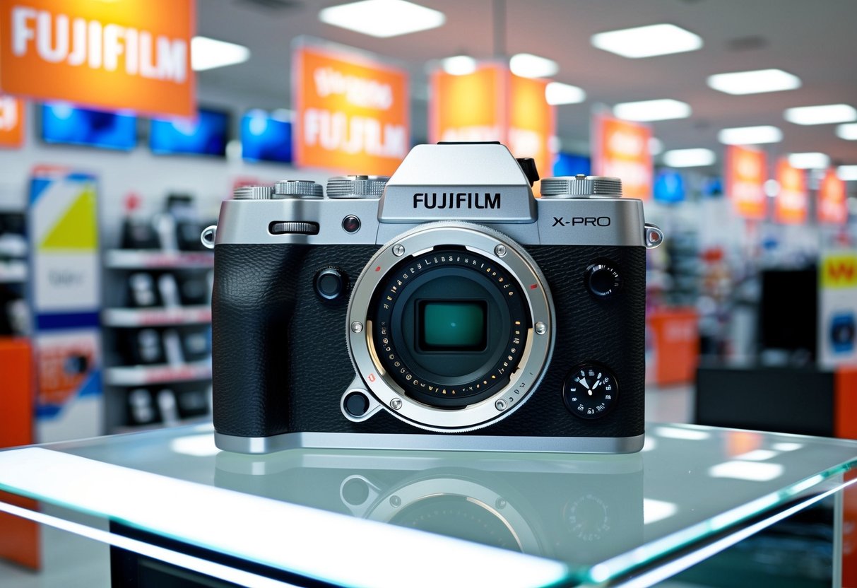 A sleek Fujifilm X-Pro3 camera displayed with promotional signs and banners in a busy electronics store