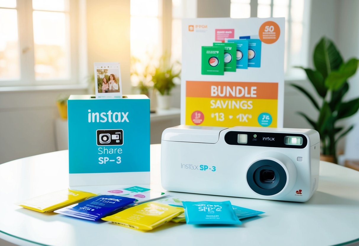 A table with Instax Share SP-3 printer, various film packs, and a promotional sign displaying "Bundle Savings" in a bright and inviting setting